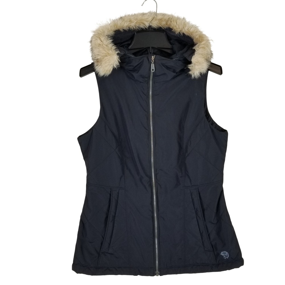 Mountain Hardwear Quilted Vest Women Medium Black‎ Faux Fur Hooded Puffer